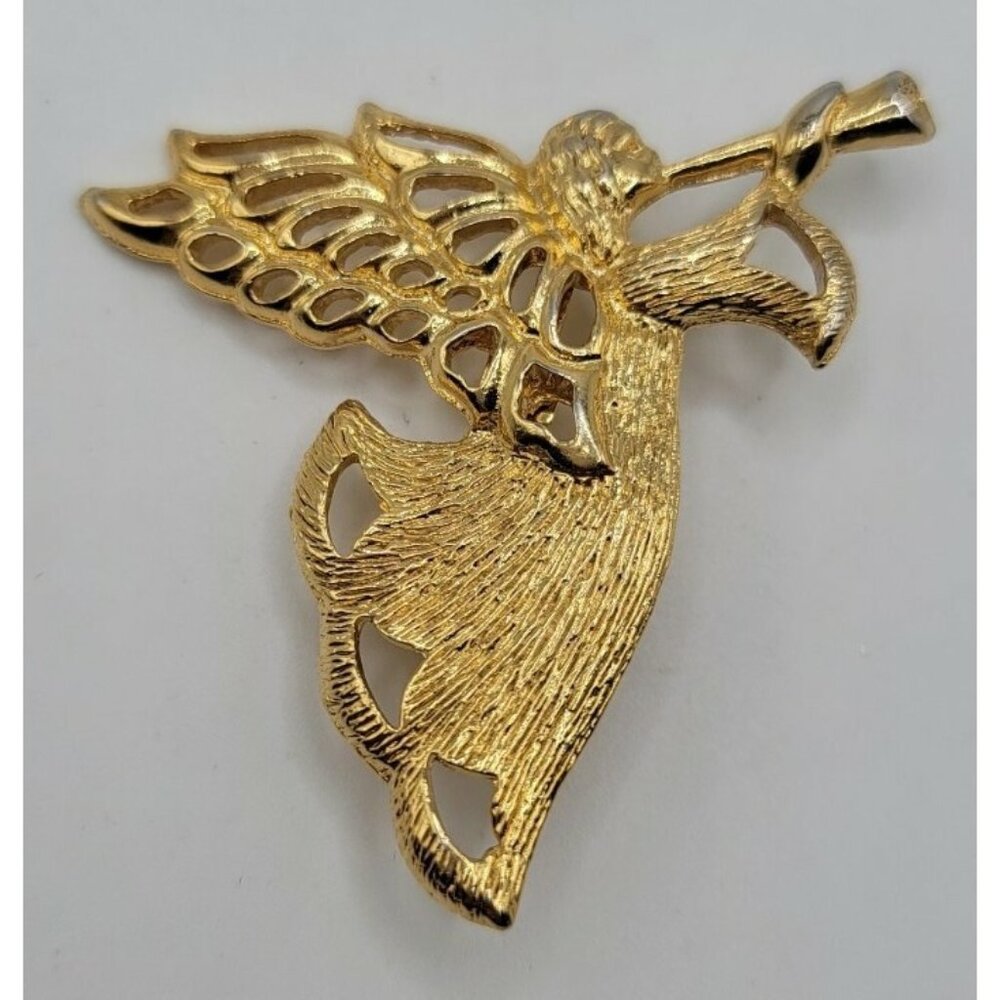 Vintage Gold Tone Gerry's Angel Brooch Pin Playing Horn with‎ Crown 2 in x 2 in